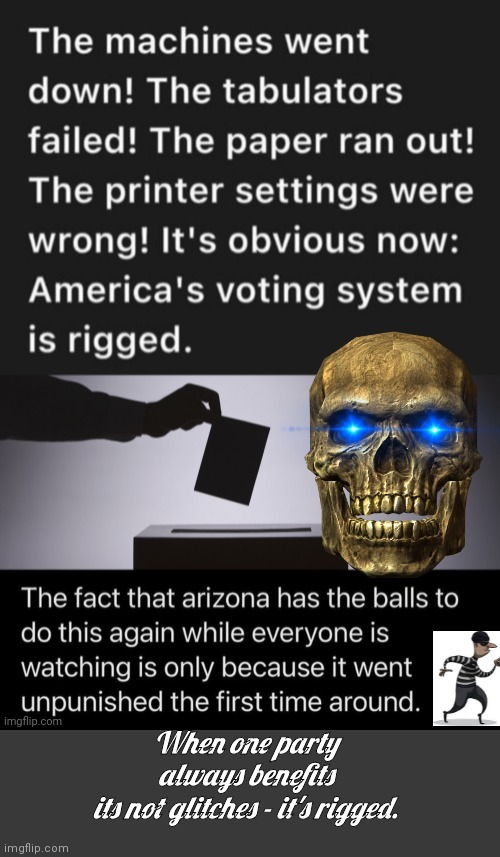 When one party always benefits | When one party always benefits its not glitches - it's rigged. | image tagged in skull | made w/ Imgflip meme maker