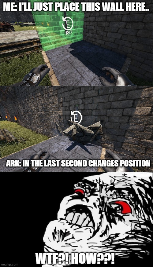 We all got ARKed | ME: I'LL JUST PLACE THIS WALL HERE.. ARK: IN THE LAST SECOND CHANGES POSITION; WTF?! HOW??! | image tagged in arked,ark,survival,evolved,game,pc | made w/ Imgflip meme maker