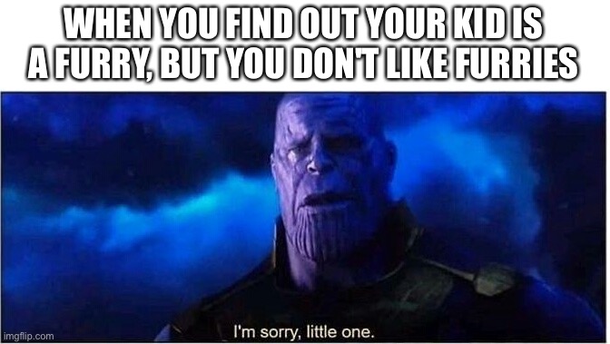 you cant hurt your kid | WHEN YOU FIND OUT YOUR KID IS A FURRY, BUT YOU DON'T LIKE FURRIES | image tagged in thanos i'm sorry little one | made w/ Imgflip meme maker