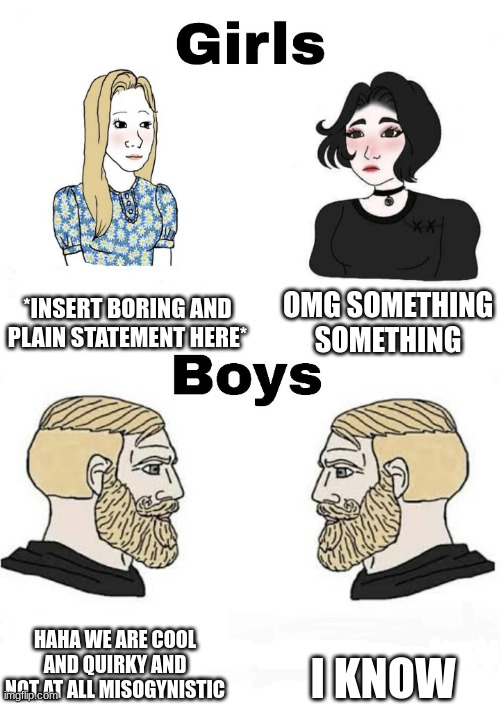 girls vs boys memes are misogynistic, change my mind | *INSERT BORING AND PLAIN STATEMENT HERE*; OMG SOMETHING SOMETHING; I KNOW; HAHA WE ARE COOL AND QUIRKY AND NOT AT ALL MISOGYNISTIC | image tagged in girls vs boys | made w/ Imgflip meme maker