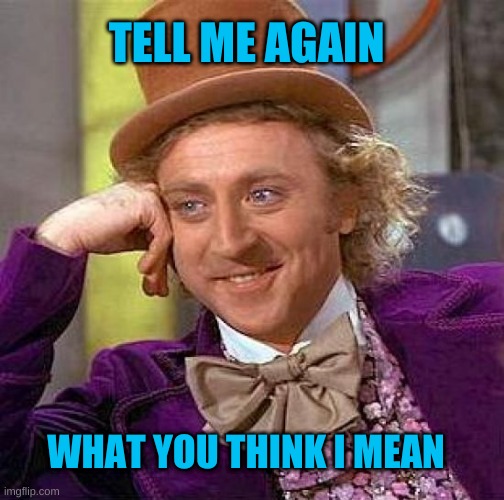 The Clueless | TELL ME AGAIN; WHAT YOU THINK I MEAN | image tagged in creepy condescending wonka,what the hell happened here,wait what,tell me more,derp | made w/ Imgflip meme maker