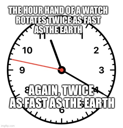 Flat earth rotates twice as fast as a watch | THE HOUR HAND OF A WATCH
ROTATES TWICE AS FAST
AS THE EARTH; AGAIN, TWICE 
AS FAST AS THE EARTH | image tagged in flat earthers,funny memes | made w/ Imgflip meme maker