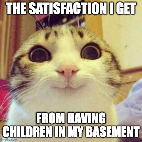 e | THE SATISFACTION I GET; FROM HAVING CHILDREN IN MY BASEMENT | image tagged in memes,smiling cat | made w/ Imgflip meme maker