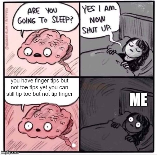 insomnia brain can't sleep blank | you have finger tips but not toe tips yet you can still tip toe but not tip finger; ME | image tagged in insomnia brain can't sleep blank | made w/ Imgflip meme maker