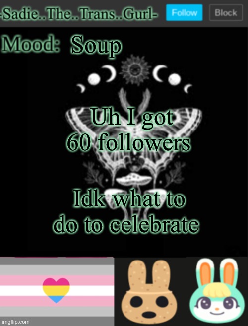 Gimme ideas | Soup; Uh I got 60 followers; Idk what to do to celebrate | image tagged in sadiesannouncement temp | made w/ Imgflip meme maker