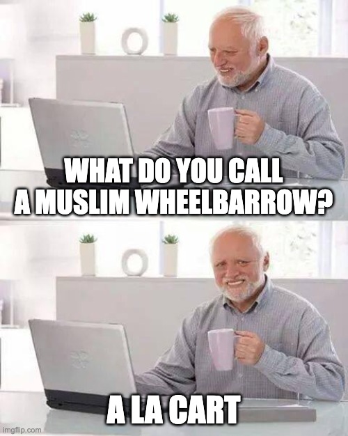 haha | WHAT DO YOU CALL A MUSLIM WHEELBARROW? A LA CART | image tagged in memes,hide the pain harold | made w/ Imgflip meme maker
