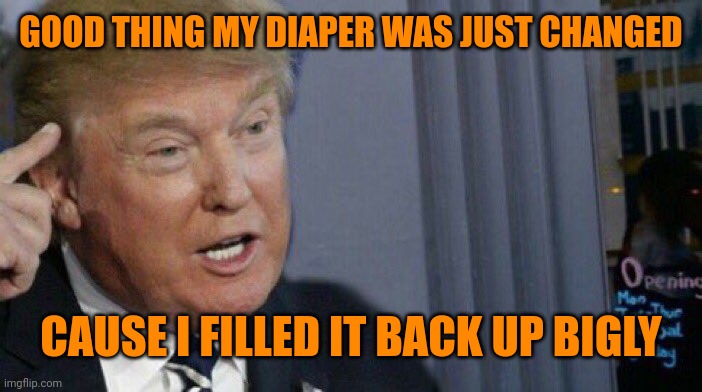 Trump Roll Safe | GOOD THING MY DIAPER WAS JUST CHANGED CAUSE I FILLED IT BACK UP BIGLY | image tagged in trump roll safe | made w/ Imgflip meme maker