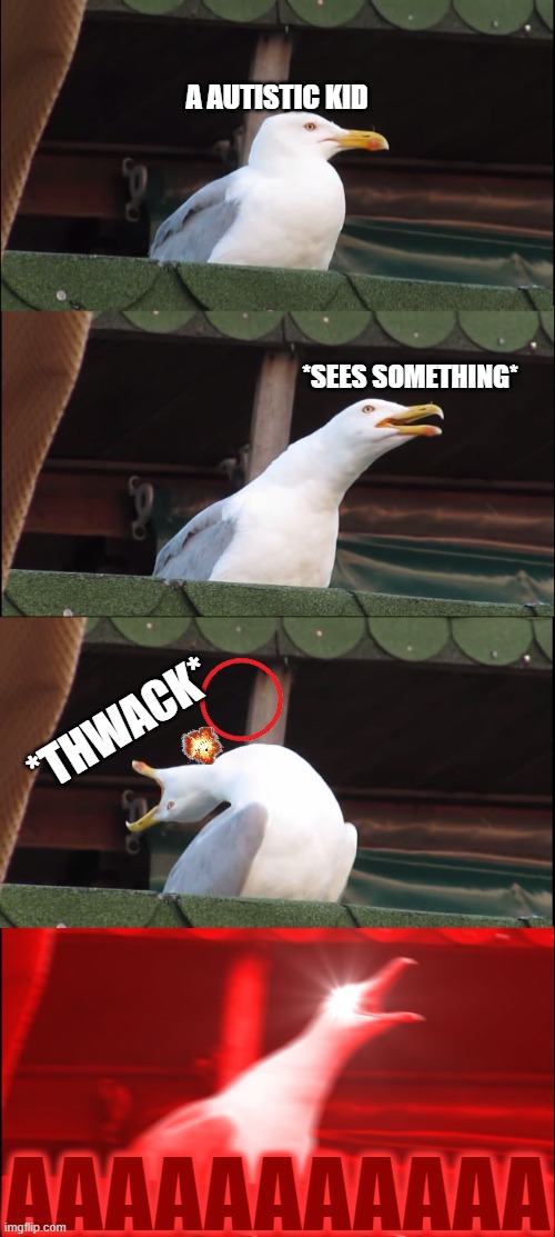 True? | A AUTISTIC KID; *SEES SOMETHING*; *THWACK*; AAAAAAAAAAA | image tagged in memes,inhaling seagull,autism | made w/ Imgflip meme maker