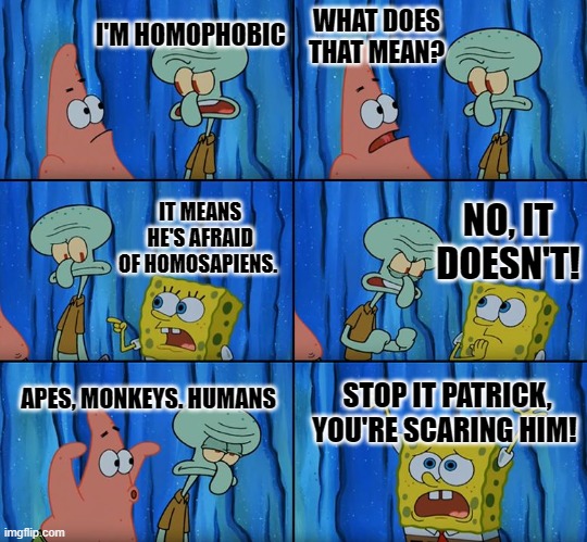 Stop it, Patrick! You're Scaring Him! |  WHAT DOES THAT MEAN? I'M HOMOPHOBIC; IT MEANS HE'S AFRAID OF HOMOSAPIENS. NO, IT DOESN'T! APES, MONKEYS. HUMANS; STOP IT PATRICK, YOU'RE SCARING HIM! | image tagged in stop it patrick you're scaring him | made w/ Imgflip meme maker