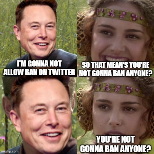 Just one mistake and the chain of dominos falls. |  SO THAT MEAN'S YOU'RE NOT GONNA BAN ANYONE? I'M GONNA NOT ALLOW BAN ON TWITTER; YOU'RE NOT GONNA BAN ANYONE? | image tagged in for the better right blank,backstabber,twitter,elon musk | made w/ Imgflip meme maker