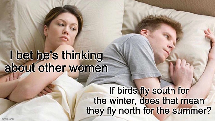 How can I sleep with this frightening epiphany? | I bet he's thinking about other women; If birds fly south for the winter, does that mean they fly north for the summer? | image tagged in memes,i bet he's thinking about other women,shower thoughts,deep thoughts,funny | made w/ Imgflip meme maker