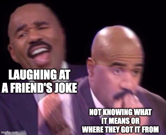 I'm just trying to be nice yall... but really, where do they get them from? | LAUGHING AT A FRIEND'S JOKE; NOT KNOWING WHAT IT MEANS OR WHERE THEY GOT IT FROM | image tagged in steve harvey laughing serious | made w/ Imgflip meme maker