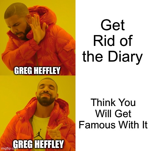 Diary of a Wimpy Kid Be Like: | Get Rid of the Diary; GREG HEFFLEY; Think You Will Get Famous With It; GREG HEFFLEY | image tagged in memes,drake hotline bling,diary of a wimpy kid | made w/ Imgflip meme maker