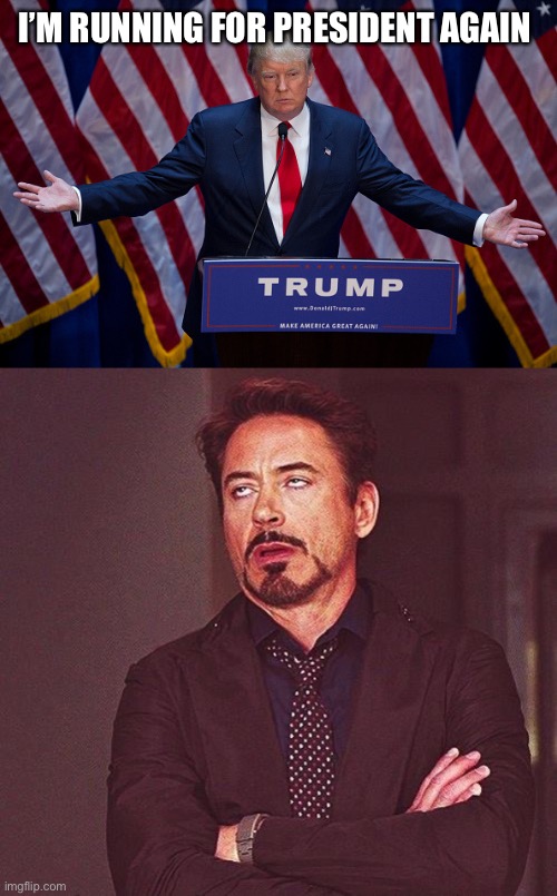 I’M RUNNING FOR PRESIDENT AGAIN | image tagged in donald trump,robert downey jr annoyed | made w/ Imgflip meme maker