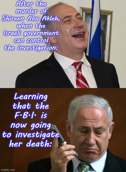 Israel is criticizing the U.S. for trying to find out the truth. | After the murder of Shireen Abu Akleh, when the Israeli government can control the investigation:; Learning that the F.B.I. is now going to investigate her death: | image tagged in netanyahu,netanyahu crying,cover up,racism,islamophobia | made w/ Imgflip meme maker