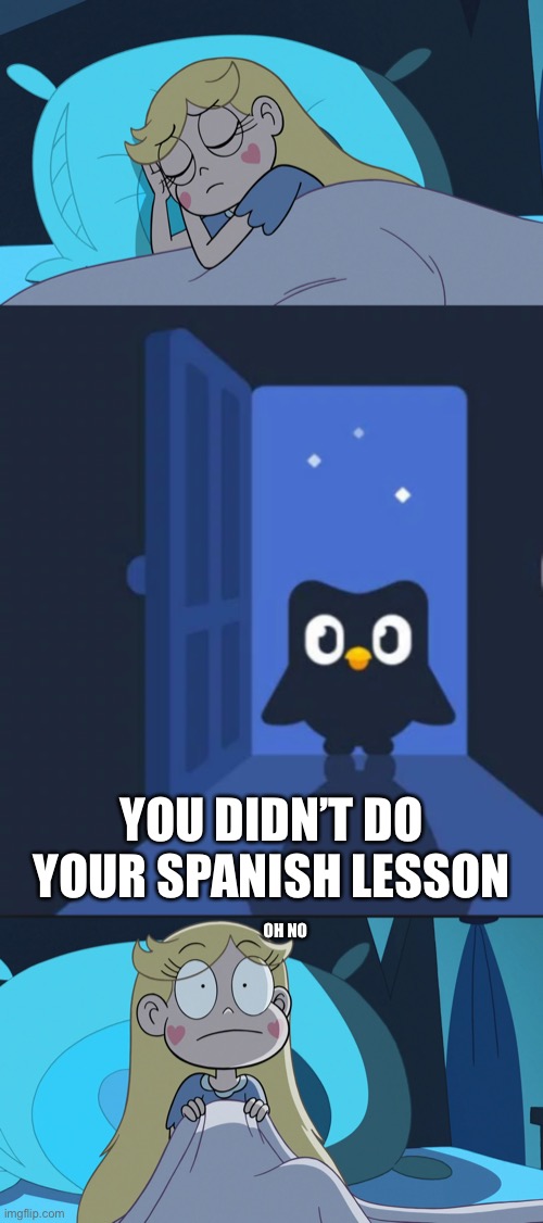 LEARN SPANISH | YOU DIDN’T DO YOUR SPANISH LESSON; OH NO | image tagged in duolingo bird,memes,svtfoe,funny,duolingo,star vs the forces of evil | made w/ Imgflip meme maker