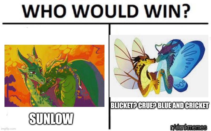 who would win | BLICKET? CRUE? BLUE AND CRICKET SUNLOW | image tagged in who would win | made w/ Imgflip meme maker