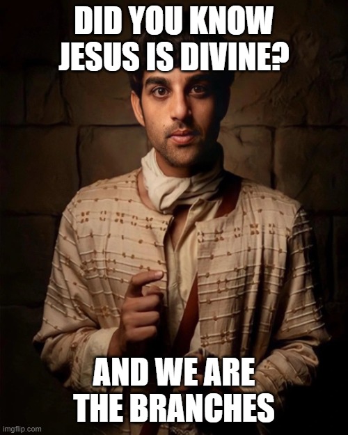 Matthew Jokes | DID YOU KNOW JESUS IS DIVINE? AND WE ARE THE BRANCHES | image tagged in matthew jokes,the chosen | made w/ Imgflip meme maker