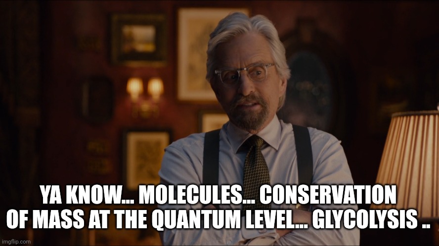 Yeah, we're doomed Ant-Man | YA KNOW... MOLECULES... CONSERVATION OF MASS AT THE QUANTUM LEVEL... GLYCOLYSIS .. | image tagged in yeah we're doomed ant-man | made w/ Imgflip meme maker