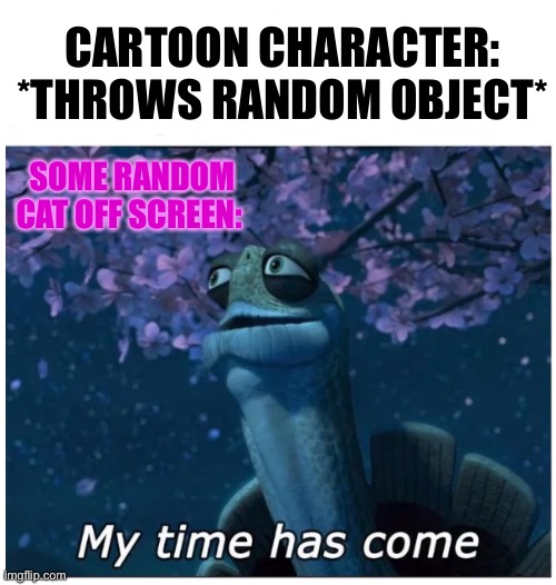 nicktoons and CN have entered that chat | CARTOON CHARACTER: *THROWS RANDOM OBJECT*; SOME RANDOM CAT OFF SCREEN: | image tagged in my time has come | made w/ Imgflip meme maker