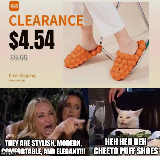 Would buy just for personal snickering | THEY ARE STYLISH, MODERN, COMFORTABLE, AND ELEGANT!!! HEH HEH HEH CHEETO PUFF SHOES | image tagged in woman yelling at cat,cheetos,shoes,clown shoes,slippers | made w/ Imgflip meme maker