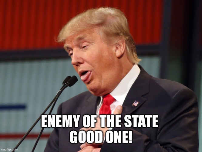 Trump choking | ENEMY OF THE STATE 

GOOD ONE! | image tagged in trump choking | made w/ Imgflip meme maker