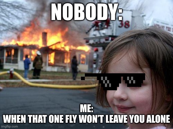 Disaster Girl Meme | NOBODY:; ME:
WHEN THAT ONE FLY WON’T LEAVE YOU ALONE | image tagged in memes,disaster girl | made w/ Imgflip meme maker