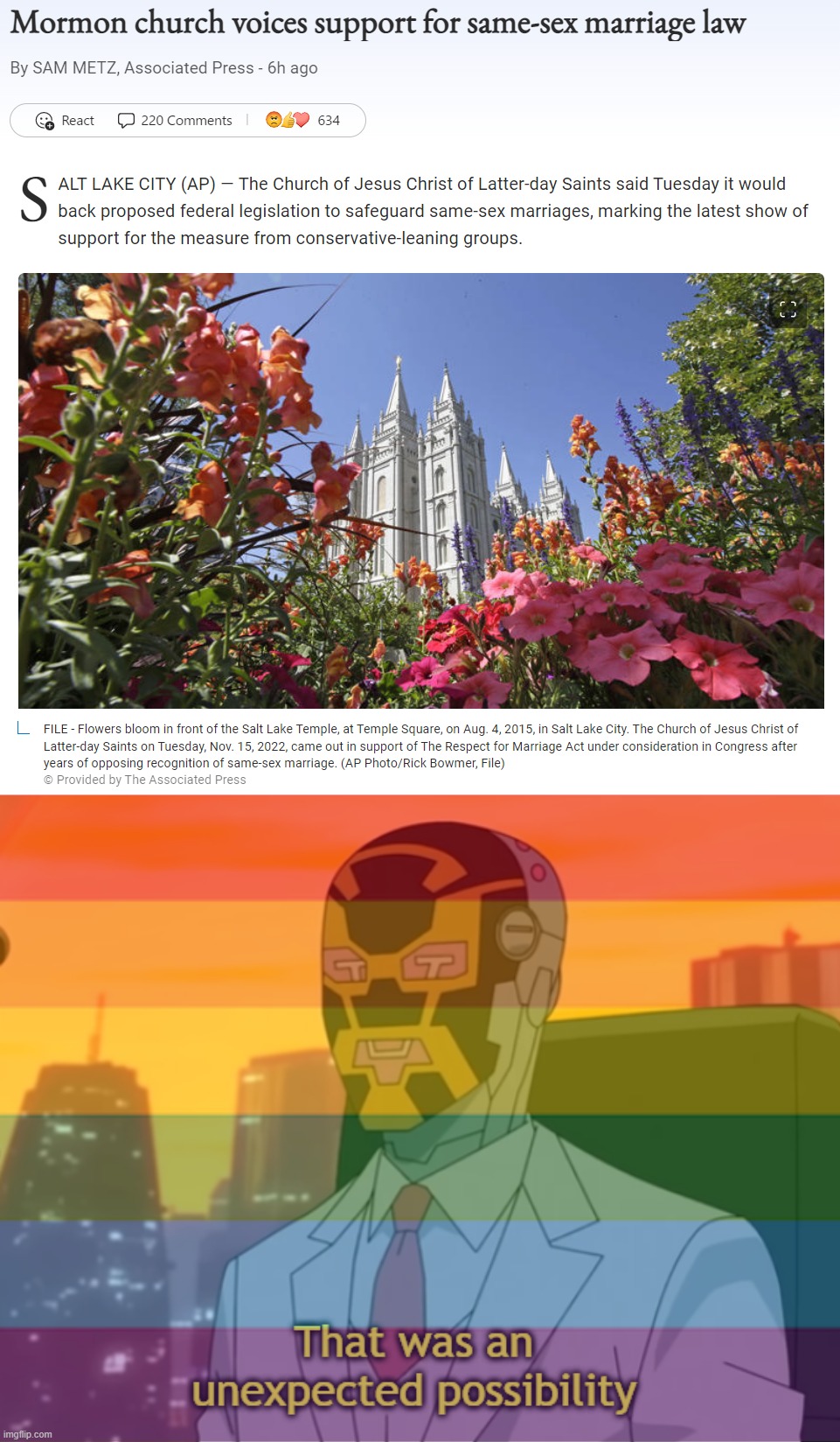 Not bad, Mormon church | image tagged in mormon church voices support for same-sex marriage law,that was an unexpected possibility,mormons,lgbtq,gay rights,unexpected | made w/ Imgflip meme maker