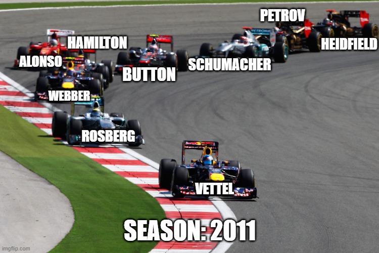 Track: Turkey | PETROV; HAMILTON; HEIDFIELD; ALONSO; SCHUMACHER; BUTTON; WEBBER; ROSBERG; VETTEL; SEASON: 2011 | image tagged in f1 | made w/ Imgflip meme maker