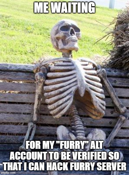 Waiting Skeleton | ME WAITING; FOR MY "FURRY" ALT ACCOUNT TO BE VERIFIED SO THAT I CAN HACK FURRY SERVER | image tagged in memes,waiting skeleton | made w/ Imgflip meme maker