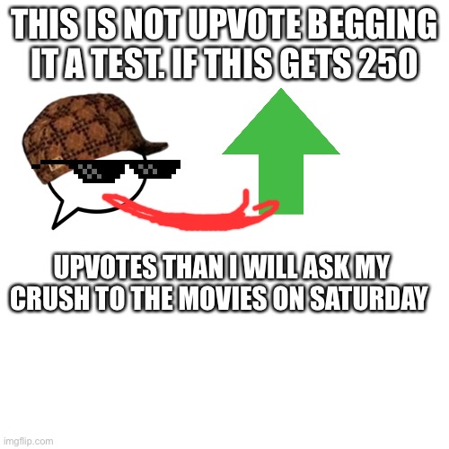 Test | THIS IS NOT UPVOTE BEGGING IT A TEST. IF THIS GETS 250; UPVOTES THAN I WILL ASK MY CRUSH TO THE MOVIES ON SATURDAY | image tagged in love | made w/ Imgflip meme maker