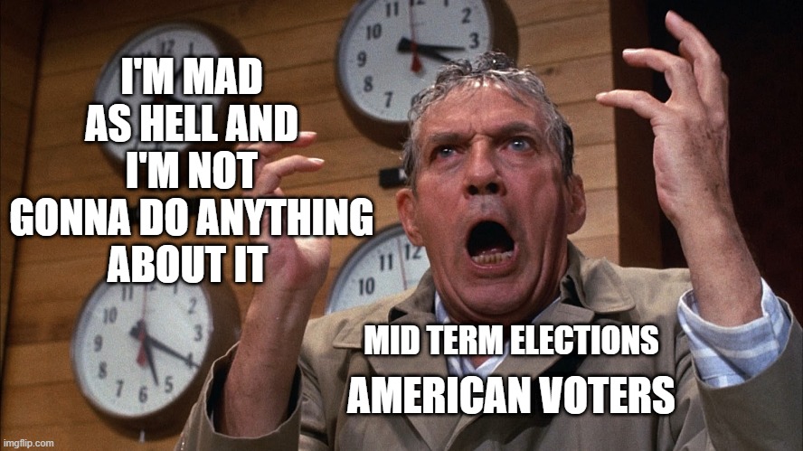 Mid term elections | I'M MAD AS HELL AND I'M NOT GONNA DO ANYTHING ABOUT IT; AMERICAN VOTERS; MID TERM ELECTIONS | made w/ Imgflip meme maker