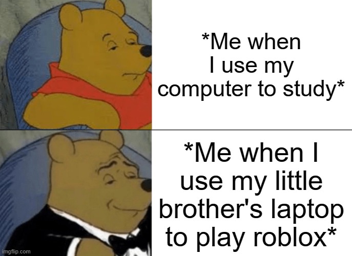 Tuxedo Winnie The Pooh Meme | *Me when I use my computer to study*; *Me when I use my little brother's laptop to play roblox* | image tagged in memes,tuxedo winnie the pooh | made w/ Imgflip meme maker