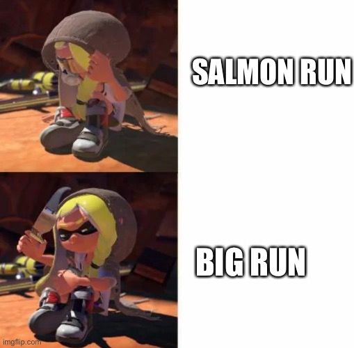 Salmon run vs big run, what do you choose? | SALMON RUN; BIG RUN | image tagged in drake format but inkling girl | made w/ Imgflip meme maker