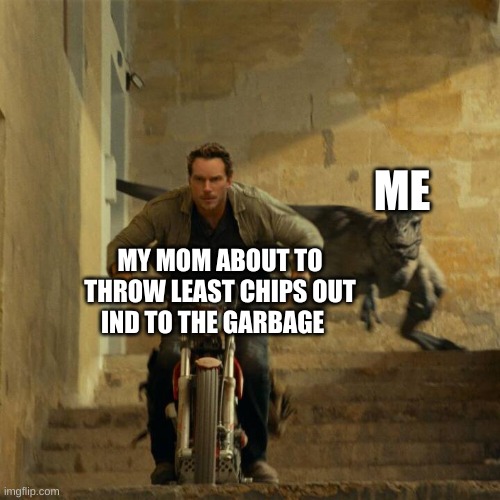 MOM wait | ME; MY MOM ABOUT TO THROW LEAST CHIPS OUT IND TO THE GARBAGE | image tagged in jurassic world | made w/ Imgflip meme maker
