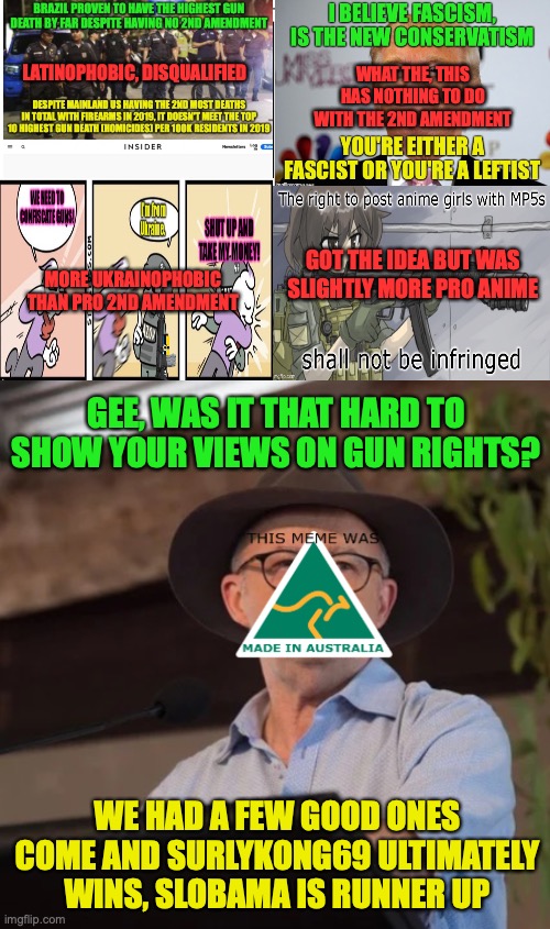 I'll make some a bunch of shipping memes about SurlyKong69 tomorrow AEDT | LATINOPHOBIC, DISQUALIFIED; WHAT THE, THIS HAS NOTHING TO DO WITH THE 2ND AMENDMENT; GOT THE IDEA BUT WAS SLIGHTLY MORE PRO ANIME; MORE UKRAINOPHOBIC THAN PRO 2ND AMENDMENT; GEE, WAS IT THAT HARD TO SHOW YOUR VIEWS ON GUN RIGHTS? WE HAD A FEW GOOD ONES COME AND SURLYKONG69 ULTIMATELY WINS, SLOBAMA IS RUNNER UP | image tagged in winner,is,surlykong69,from,2nd amendment,contest | made w/ Imgflip meme maker