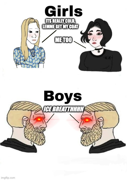 Ice Breatthhhh | ITS REALLY COLD, LEMME GET MY COAT; ME TOO; ICE BREATTHHHH | image tagged in boys v girls | made w/ Imgflip meme maker