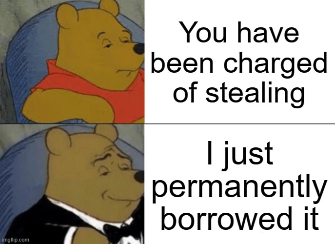 nothing here | You have been charged of stealing; I just permanently borrowed it | image tagged in memes,tuxedo winnie the pooh | made w/ Imgflip meme maker