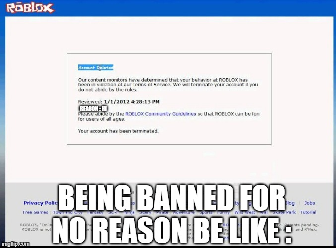 When you get banned on roblox be like : | REASON : HI; BEING BANNED FOR NO REASON BE LIKE : | image tagged in roblox banned,cursed roblox image,roblox,memes | made w/ Imgflip meme maker