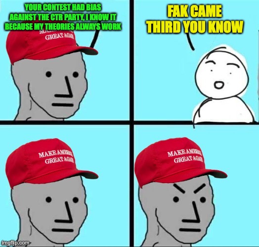 MAGA NPC (AN AN0NYM0US TEMPLATE) | YOUR CONTEST HAD BIAS AGAINST THE CTR PARTY, I KNOW IT BECAUSE MY THEORIES ALWAYS WORK FAK CAME THIRD YOU KNOW | image tagged in maga npc an an0nym0us template | made w/ Imgflip meme maker