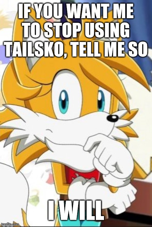 IF YOU WANT ME TO STOP USING TAILSKO, TELL ME SO; I WILL | image tagged in tailsko | made w/ Imgflip meme maker