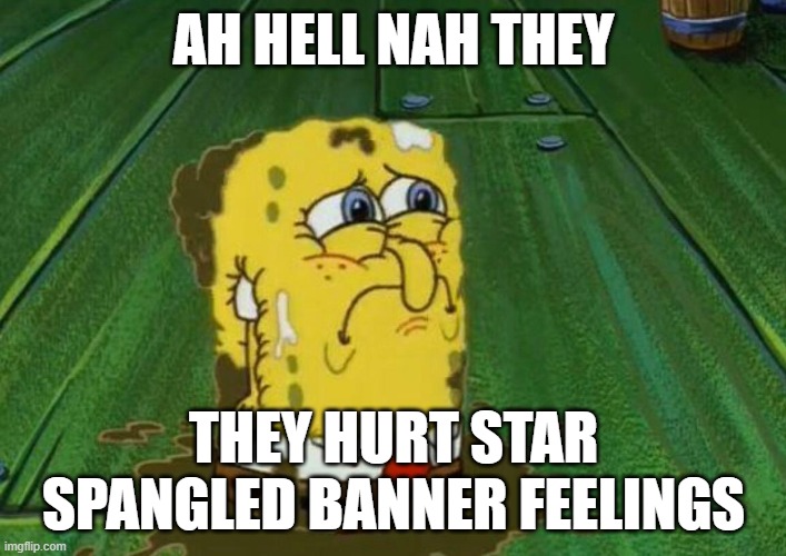 aw hell nah not star spangled banner | AH HELL NAH THEY; THEY HURT STAR SPANGLED BANNER FEELINGS | image tagged in spunch bop | made w/ Imgflip meme maker