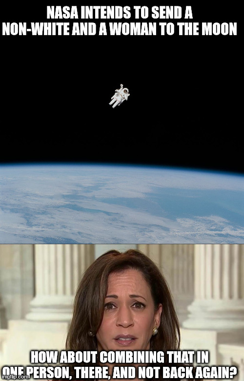 Might even be worth the money | NASA INTENDS TO SEND A NON-WHITE AND A WOMAN TO THE MOON; HOW ABOUT COMBINING THAT IN ONE PERSON, THERE, AND NOT BACK AGAIN? | image tagged in astronaut,kamala harris,nasa | made w/ Imgflip meme maker