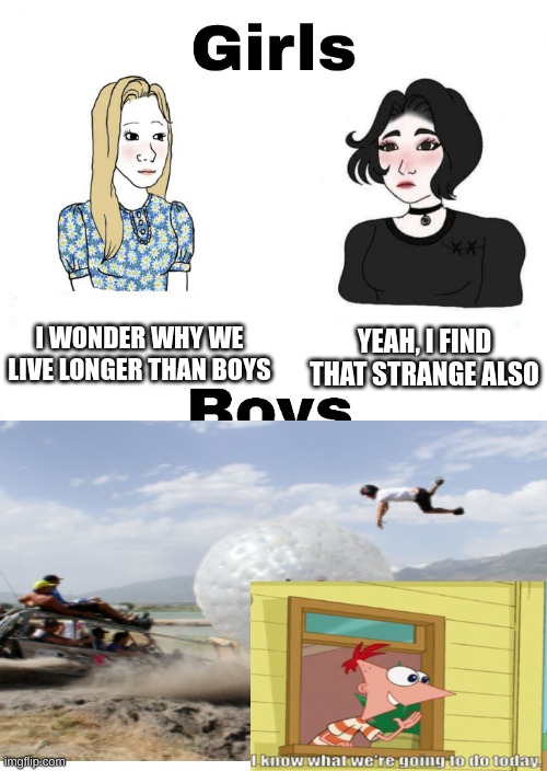 FERB, I KNOW WHAT WE ARE GOING TO DO TODAY. | I WONDER WHY WE LIVE LONGER THAN BOYS; YEAH, I FIND THAT STRANGE ALSO | image tagged in girls vs boys | made w/ Imgflip meme maker