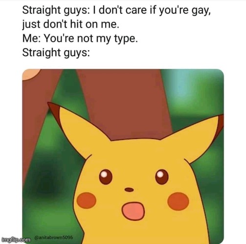 Fellas, If a Homophobe Thinks You're Hitting On Them, Tell Them They're Not Your Type and See How They React! | image tagged in surprised pikachu,lgbtq | made w/ Imgflip meme maker