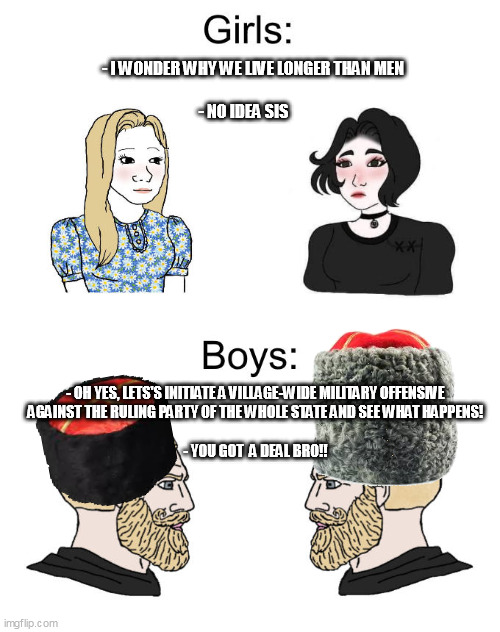 Cossacks be like | - I WONDER WHY WE LIVE LONGER THAN MEN
 
- NO IDEA SIS; - OH YES, LETS'S INITIATE A VILLAGE-WIDE MILITARY OFFENSIVE
AGAINST THE RULING PARTY OF THE WHOLE STATE AND SEE WHAT HAPPENS!

 

- YOU GOT  A DEAL BRO!! | image tagged in yes chad boys vs girls | made w/ Imgflip meme maker