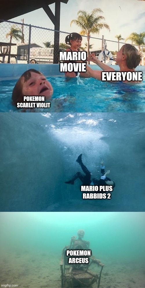 Mother Ignoring Kid Drowning In A Pool Extended Template | MARIO MOVIE; EVERYONE; POKEMON SCARLET VIOLIT; MARIO PLUS RABBIDS 2; POKEMON ARCEUS | image tagged in mother ignoring kid drowning in a pool extended template | made w/ Imgflip meme maker