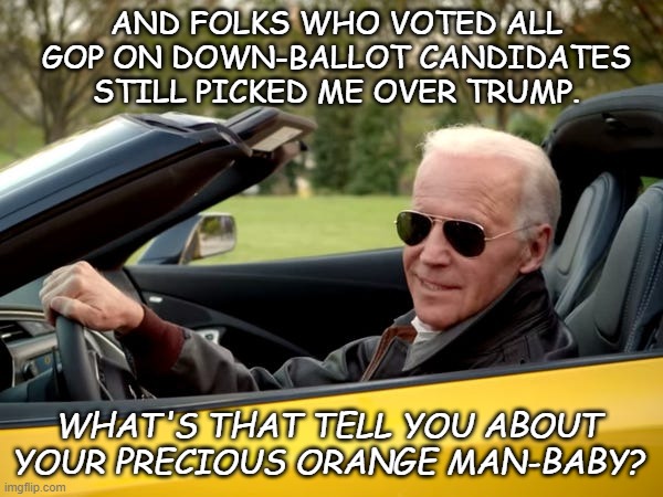 Yeah, I suck... | AND FOLKS WHO VOTED ALL GOP ON DOWN-BALLOT CANDIDATES STILL PICKED ME OVER TRUMP. WHAT'S THAT TELL YOU ABOUT YOUR PRECIOUS ORANGE MAN-BABY? | image tagged in joe biden get in | made w/ Imgflip meme maker