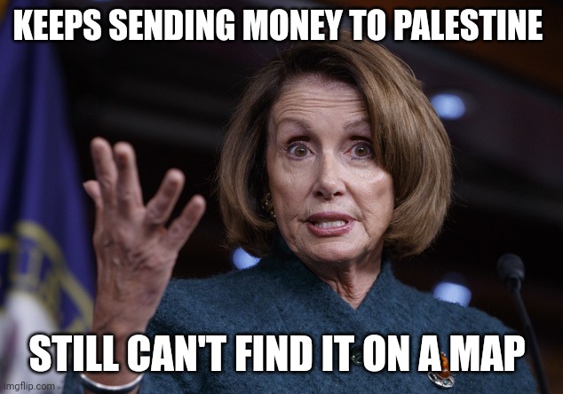 Good old Nancy Pelosi | KEEPS SENDING MONEY TO PALESTINE STILL CAN'T FIND IT ON A MAP | image tagged in good old nancy pelosi | made w/ Imgflip meme maker