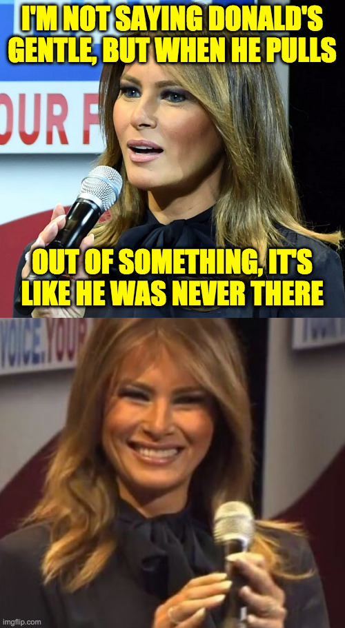 First former lady. | I'M NOT SAYING DONALD'S
GENTLE, BUT WHEN HE PULLS; OUT OF SOMETHING, IT'S
LIKE HE WAS NEVER THERE | image tagged in memes,melania,first former lady | made w/ Imgflip meme maker